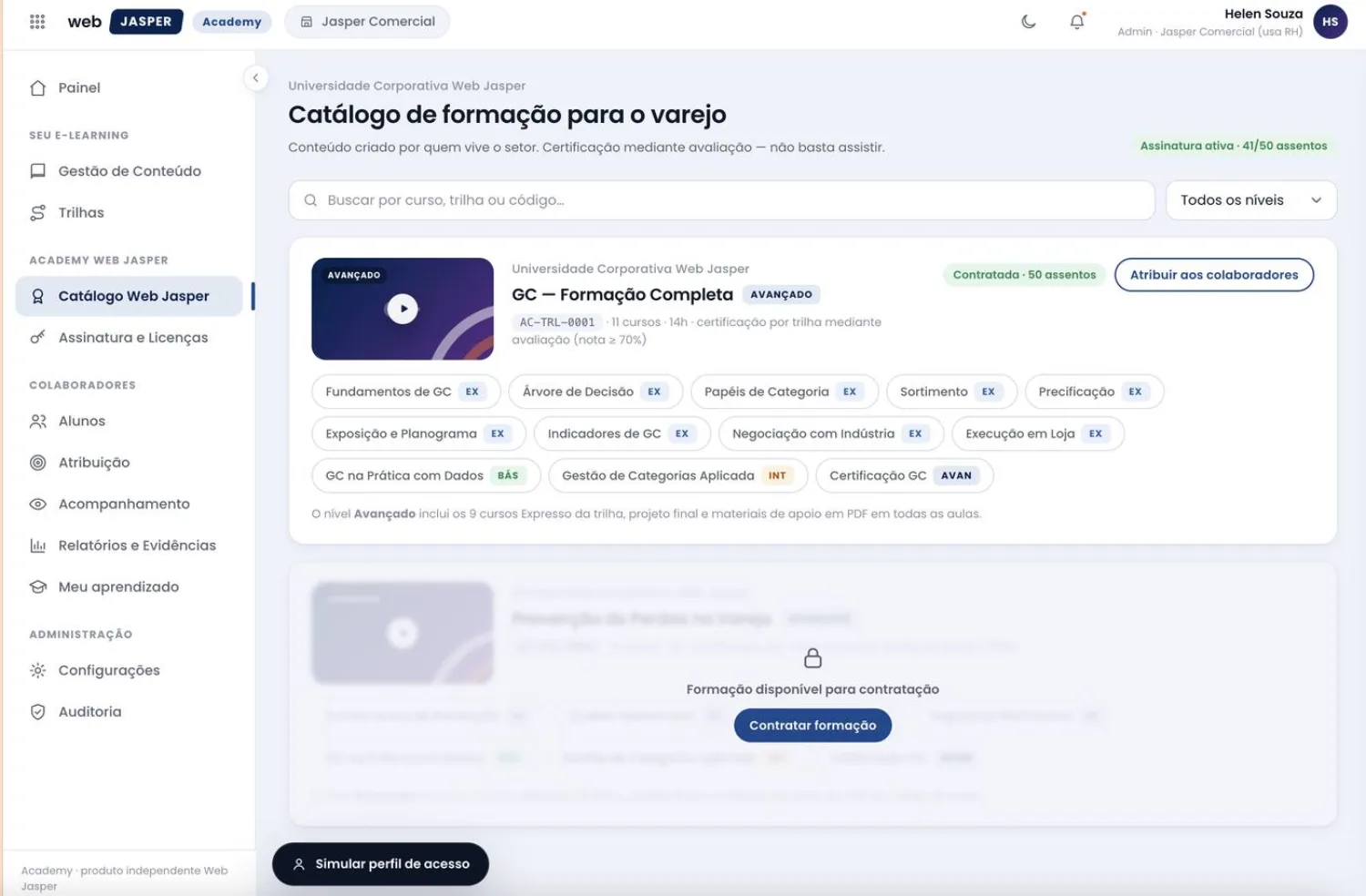 Catálogo de formação da Web Jasper Academy, com a trilha GC — Formação Completa e seus cursos por nível