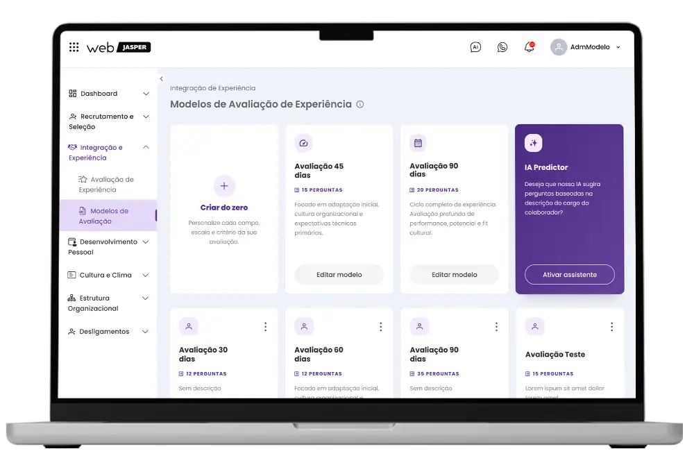 Tela de avaliação de experiência 45/90 dias com parecer formal